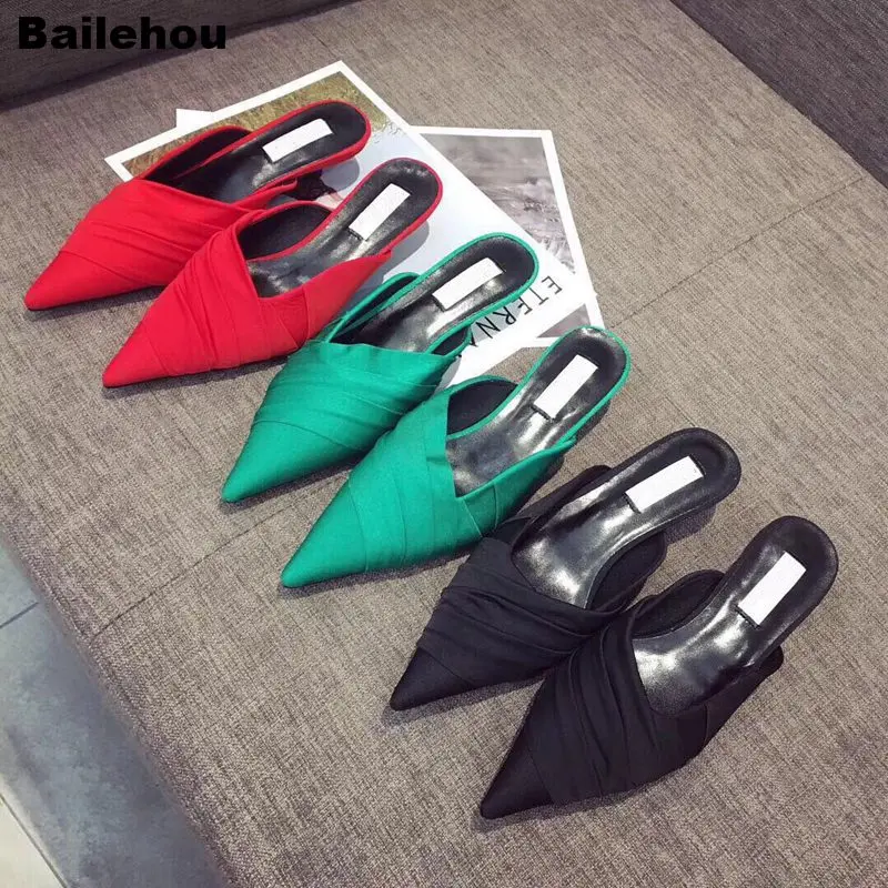 Bailehou/2019 г. весенние женские шлепанцы на каблуке обувь с острым носком низком