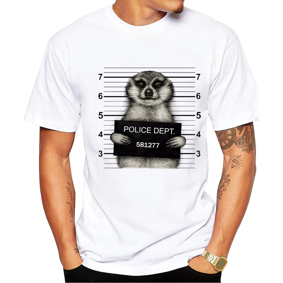2017 Ретро Для мужчин Симпатичные meerkat Mugshot Футболка с принтом летние Винтаж бренд
