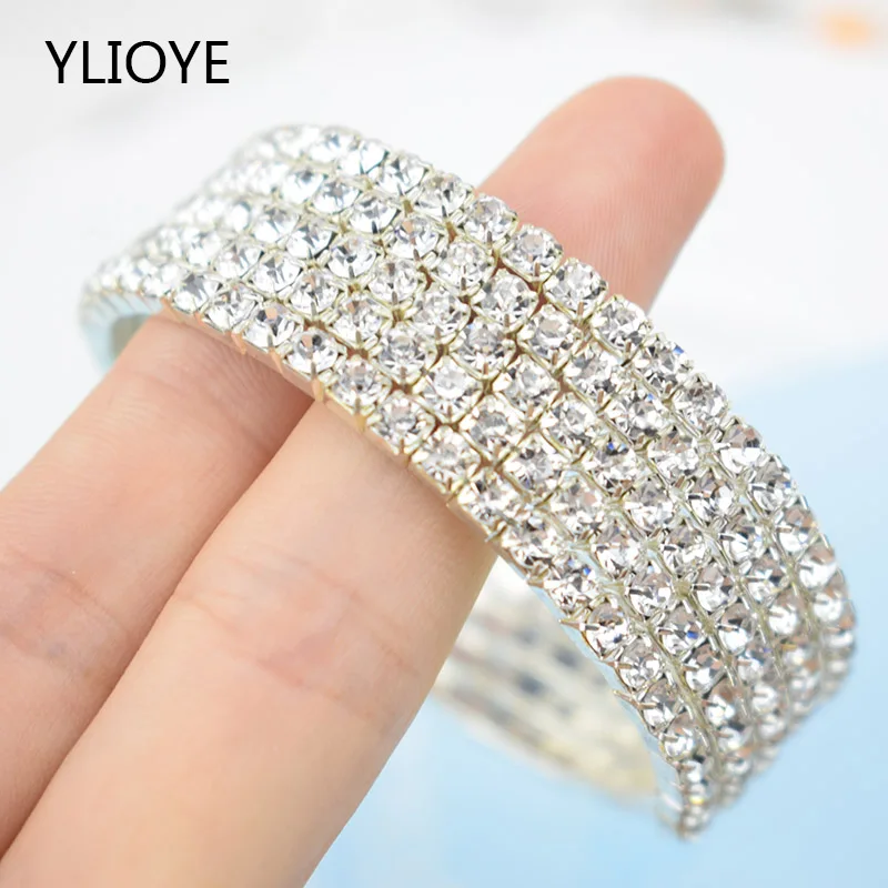 Серебро Браслеты Bling из серебряного сплава прозрачного хрусталя Браслеты 3/5/7 ряд эластичное широкой Браслеты ювелирные изделия лучший подарок для Для женщин
