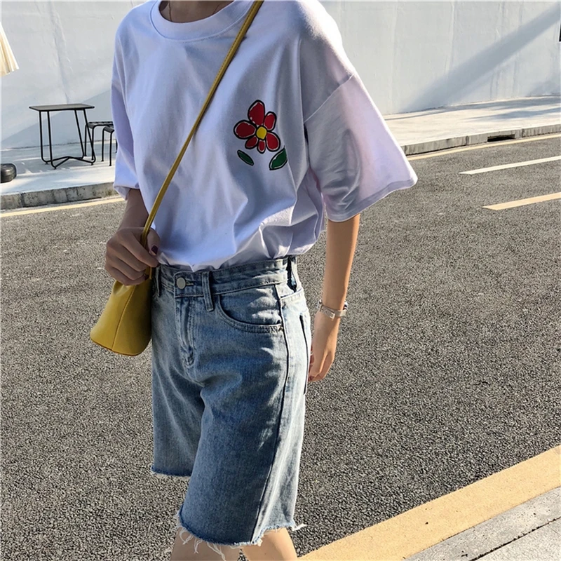 EXOTAO Kawaii футболка с цветочным принтом Женская свободная Harajuku белая женская