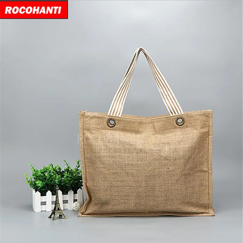 

100X Recyclable Foldable Natural Shopping Jute Bag with Zipper Closure Strong Weaving Handle Custom Logo Printed