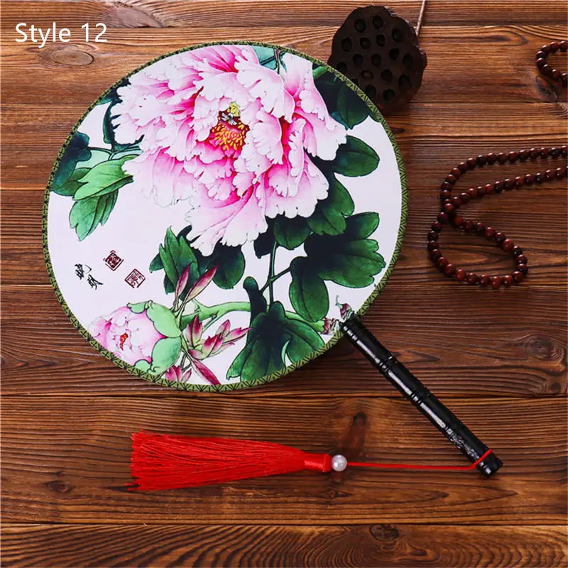 Style 12 Китайский Японский стиль женские круглые вентиляторы классический танцевальный веер ручной круговой винтажный вентилятор с кисточкой кулон - Цвет: Style 12