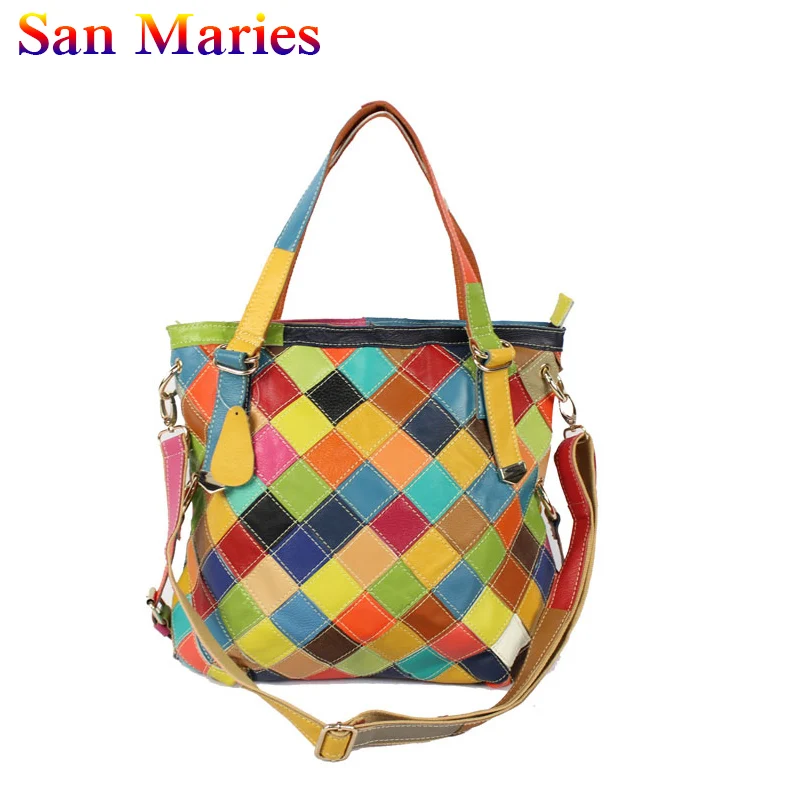 Цветные клетчатые женские сумки San Maries из коровьей кожи повседневные для женщин