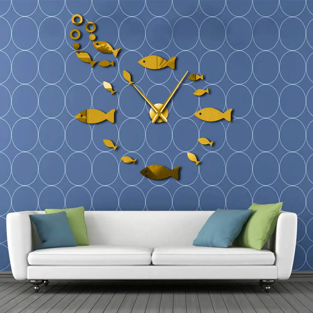 Рыба DIY большие настенные часы Shoal of Fish бескаркасные гигантские настенные часы 3D большие зеркальные настенные стикеры современный дизайн часы