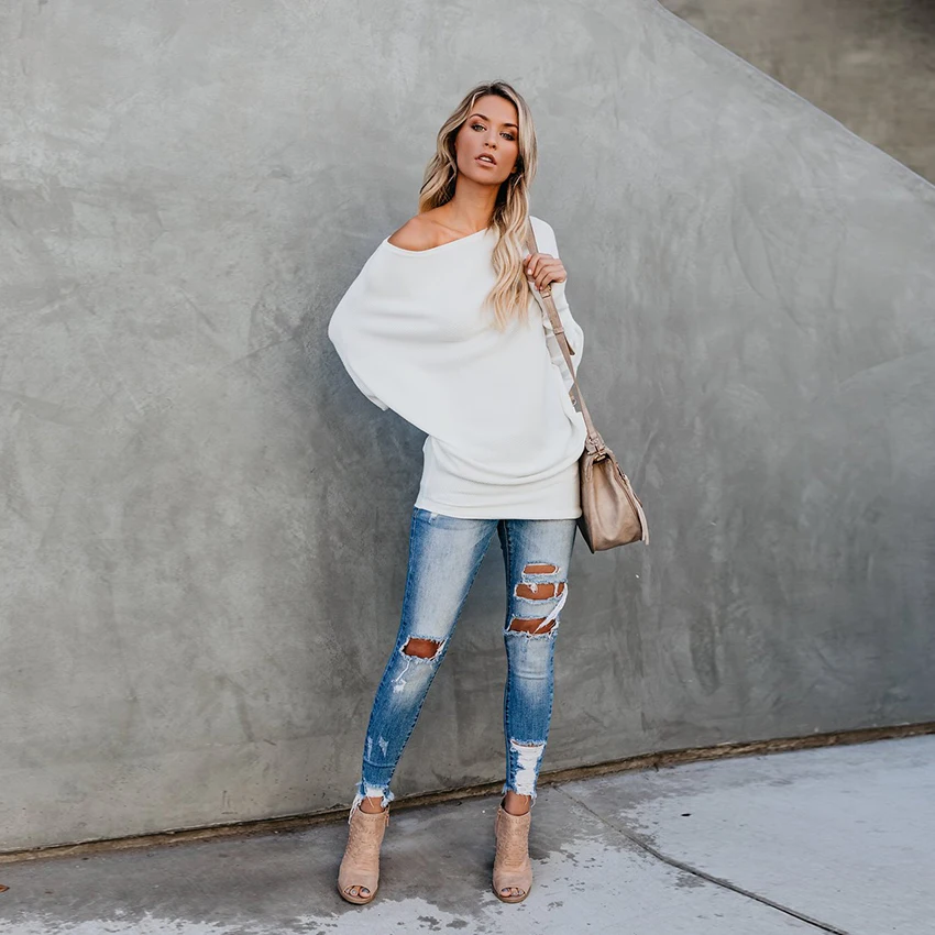 Новая мода 2018 осенний пуловер женский свитер высокий уличный длинный рукав Slash