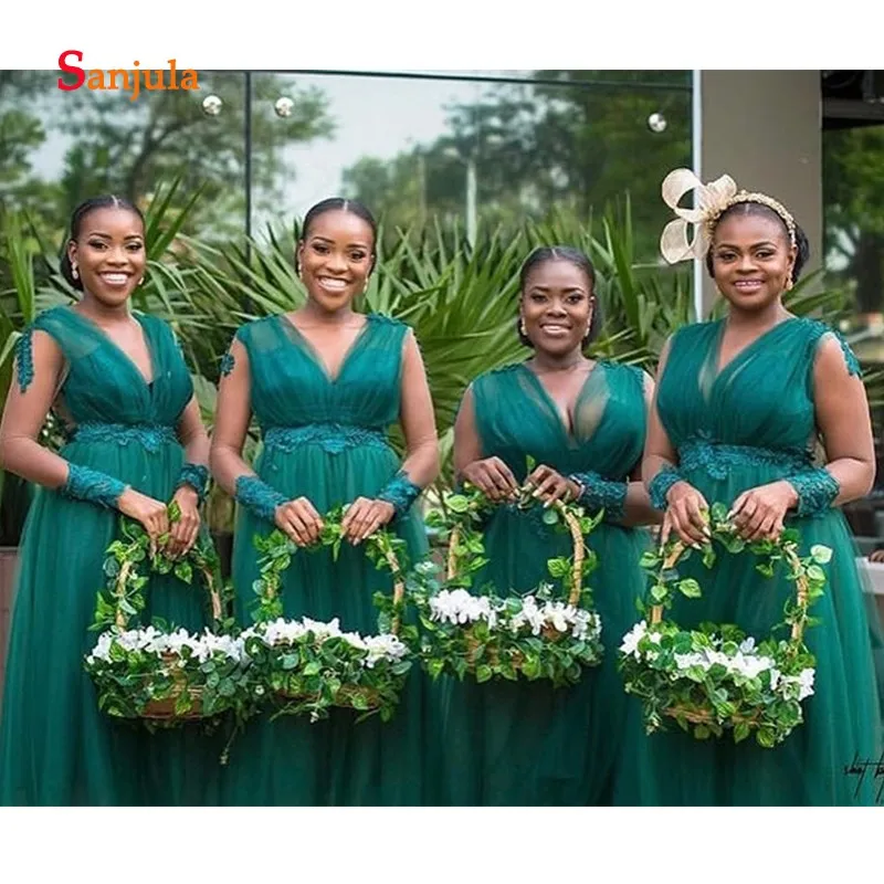 Dark Green Tulle A-Line African Bridesmaid Dresses Tea-Length V Neck Sheer Long Sleeve Maid of Honor Appliques D504 | Свадьбы и