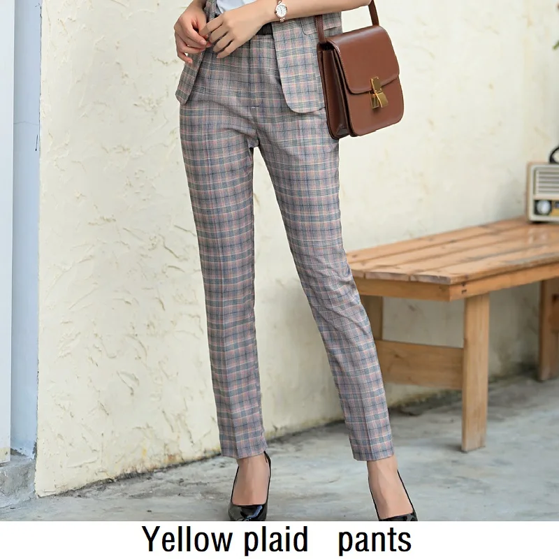Yellow plaid pants Женские костюмы, тонкие летние клетчатые блейзеры, брюки длиной до щиколотки, Деловые женские брючные костюмы, женские комплекты, костюмы 9833 - Цвет: Yellow plaid pants