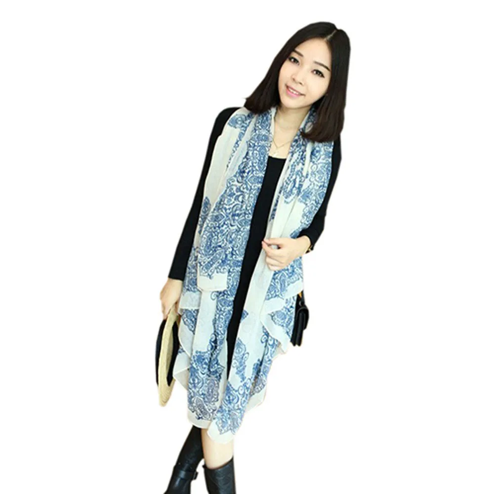 Женские шелковые шарфы мягкие теплые длинные 160*70 см тонкие синие и белые