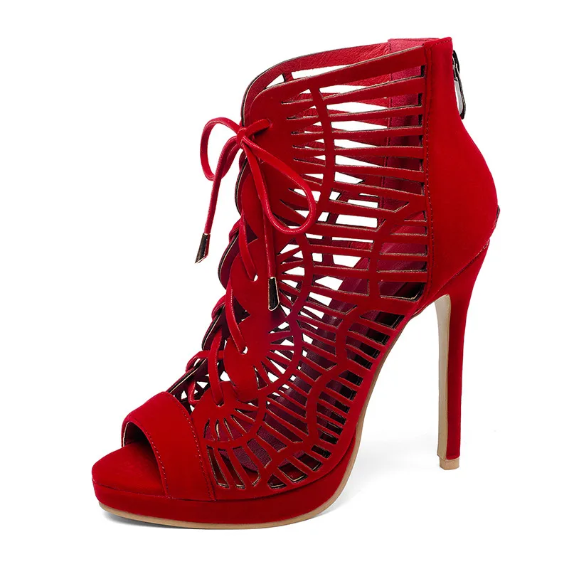 Красный SARAIRIS Brand New Plus Size 28-54 Zip Hollow Bowtie High Heels Rome Shoes Woman Casual Party Ol Sexy Summer Evening Sandals - Цвет: Красный