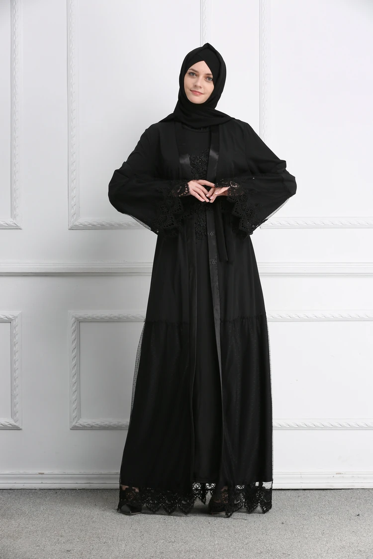 Абайя в мусульманском стиле, черные кружевные длинные платья из гренадина, кардиган, кимоно, длинные платья, одежда на Ближний Восток, Рамад...