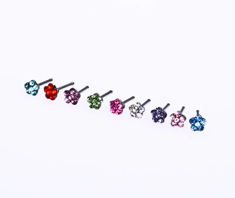 

HENGKE Jewelry Nose Studs Rings Pin Flower Body Piercing Jewelry 316L Surgical Steel Multicolor Crysaly Gem Tragus Popular