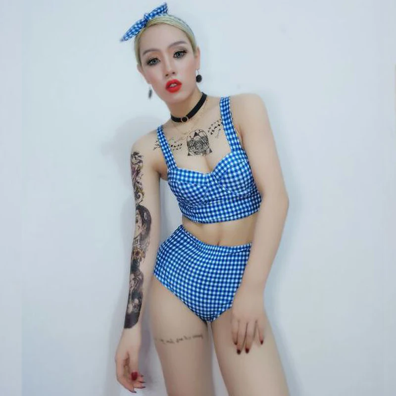 Танцевальные костюмы GoGo голубой комплект в клетку одежда джаз для музыки