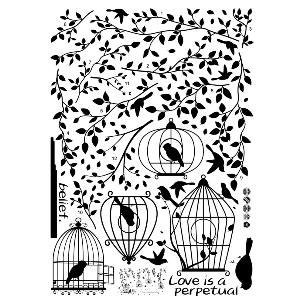 Black Bird Cage and Leaves Silhouette Patterns PVC Wall Stickers TV Background Wall Stickers Decorative Dining Hall Dormitory
