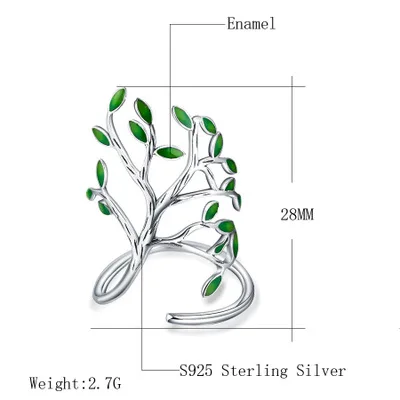 

UFOORO New Ladies Ring Jewelry Sterling Silver Enamel Green Leaf Tree Charms Women Ring Wedding Bands Open Adjustable Party Ring