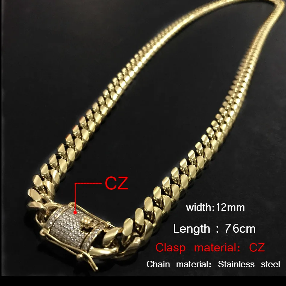 CZ gold UWIN 10 мм мужское кубинское ожерелье из нержавеющей стали, стразы, застежка, золото, серебро, хип-хоп цепочка, ожерелье 76 см - Окраска металла: CZ gold
