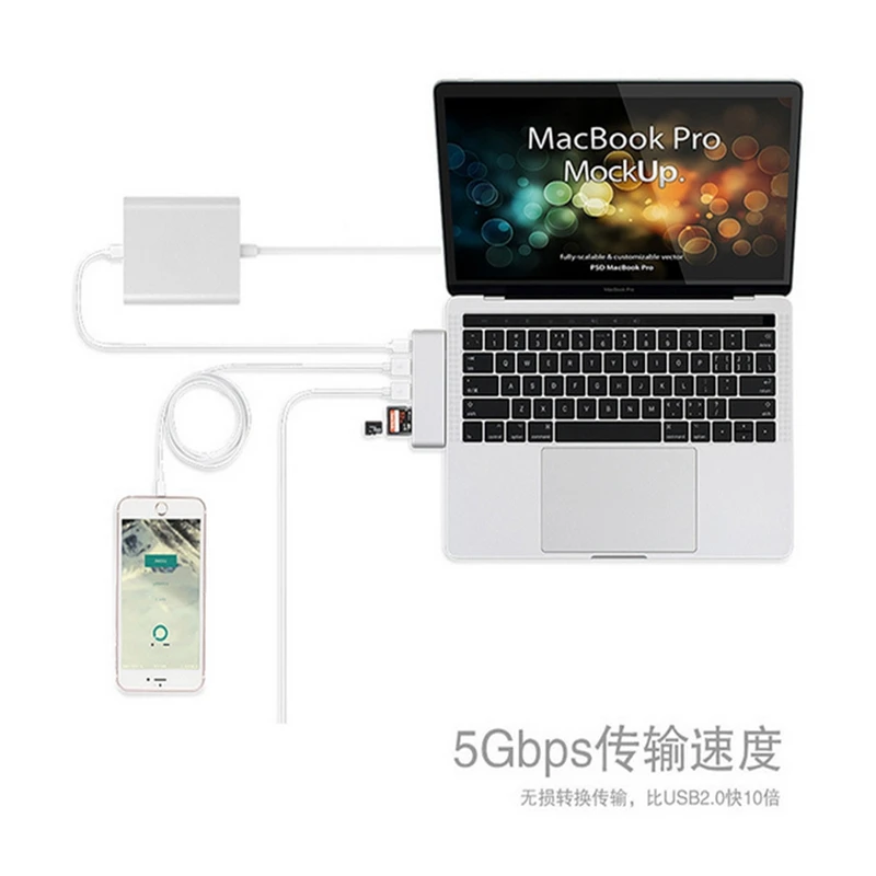 Тип C до USB3.0 концентратор + PD зарядка TF SD Card Reader алюминиевый сплав Бесплатная