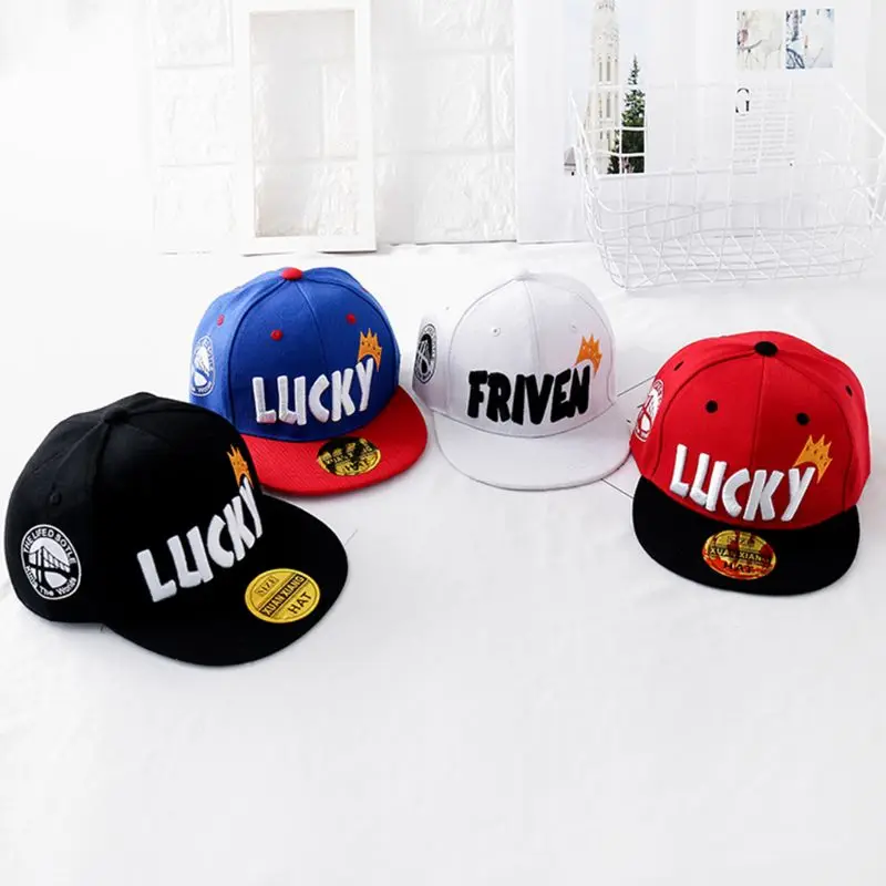 Child Kids Lucky Letter Crown Embroidery Baseball Cap Cartoon Hip-Hop Wide Flat Bill Sunscreen Adjustable Snapback Sun Hat 2-8T
