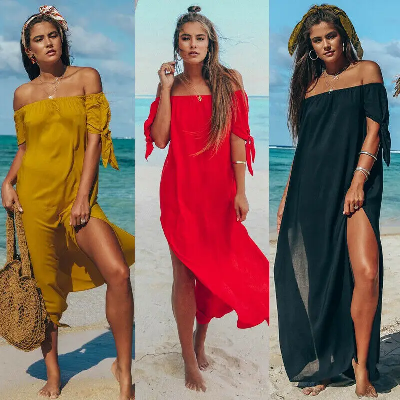 

2019 Summer New Arrival Women Dress Cover-Ups Sexy Ruffle Off Shoulder Beachwear See-through Chiffon Maxi Dresses Beach Sundress