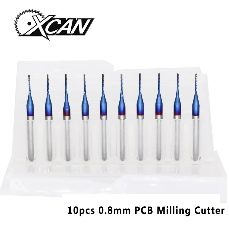 XCAN 10 шт. 0,8 мм Карбид с голубым покрытием кукурузы фрезы PCB фрезы для дерева/металла фрезерование гравировка Концевая фреза