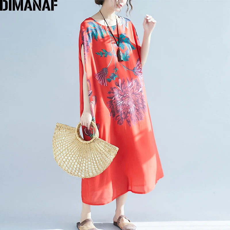 DIMANAF женское платье большого размера летнее шифоновое с цветочным принтом