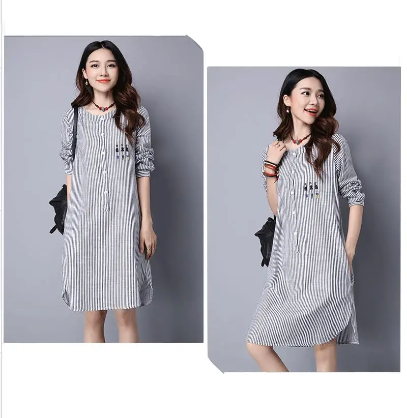 Платье в полоску Clobee 2017 Vestidos женское хлопковое льняное осеннее платье Robe Mori