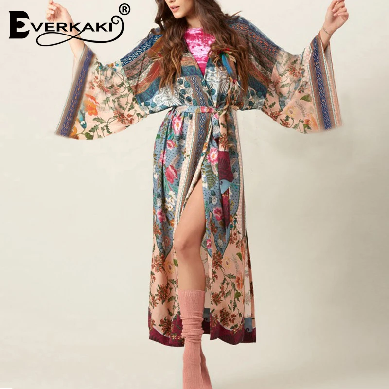 Винтажное кимоно Everkaki свободная Пижама с цветочным принтом и открытым стежком