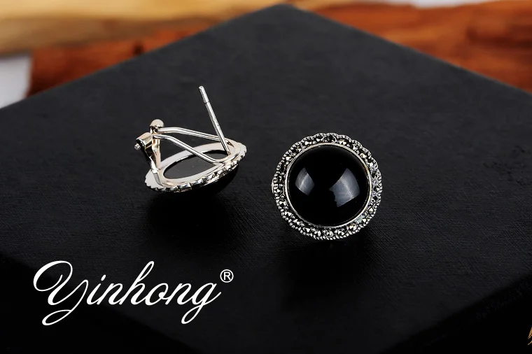 

18mm high quality Chalcedony new 925 silver Natural semi-precious stone black stud earrings Women jewelry girls birthday gift