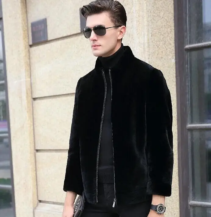 Winter thicken thermal faux fur leather jacket men casual slim wadded jacket mens sheepskin fur coats stand collar outerwear