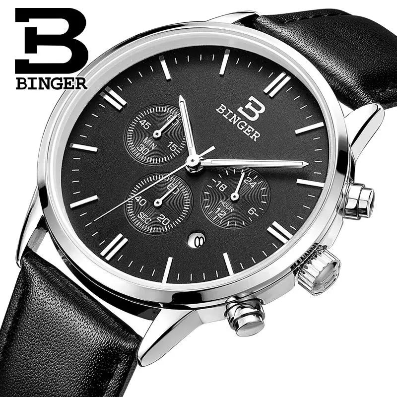 

BINGER watches men luxury brand Quartz men's watch waterproof genuine leather strap clock gold Chronograph Wristwatches BG9201-7