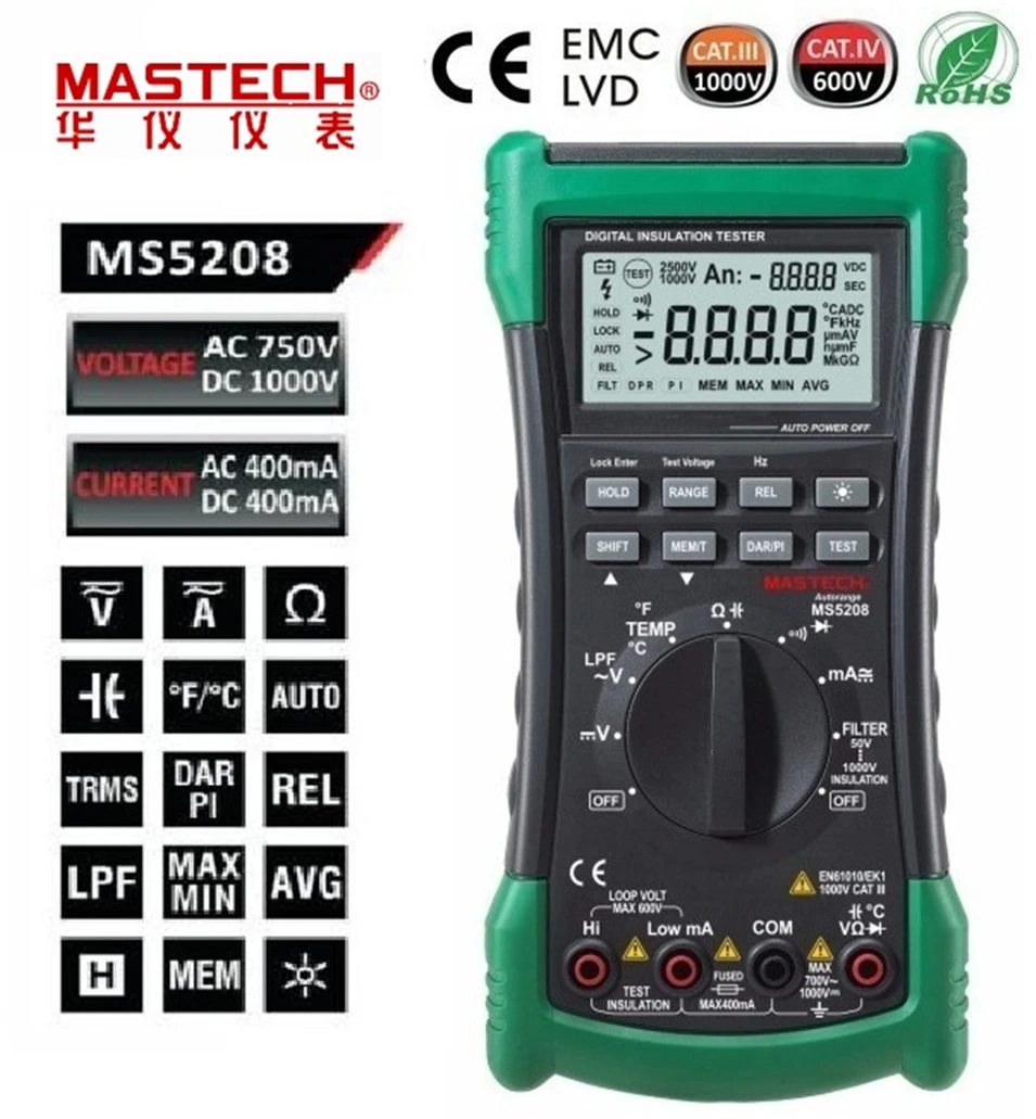 3 в 1 MS5208 6600 графы Цифровой мультиметр + Сопротивление изоляции тестер мегомметром