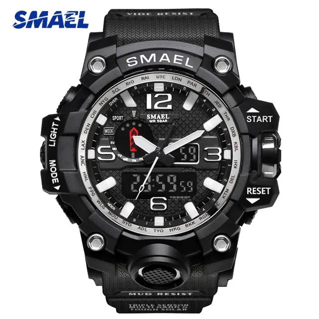 1545A Black Silver SMAEL мужские камуфляжные военные спортивные часы 1545 S SHOCK style Мужские кварцевые часы мужские светодиодные цифровые наручные часы erkek kol saati - Цвет: 1545A Black Silver