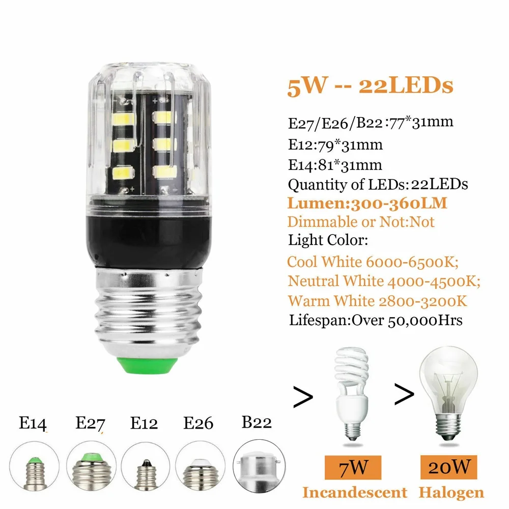 5W 22LED Светодиодный лампочки «Кукуруза» 22-162 светодиодный s E27 E14 B22 штык 5730 SMD 9 Вт 12 Вт 13 Вт 15 Вт домашняя декорационная Лампа AC 110 V 220 V AC 85-265 V - Испускаемый цвет: 5W 22LED