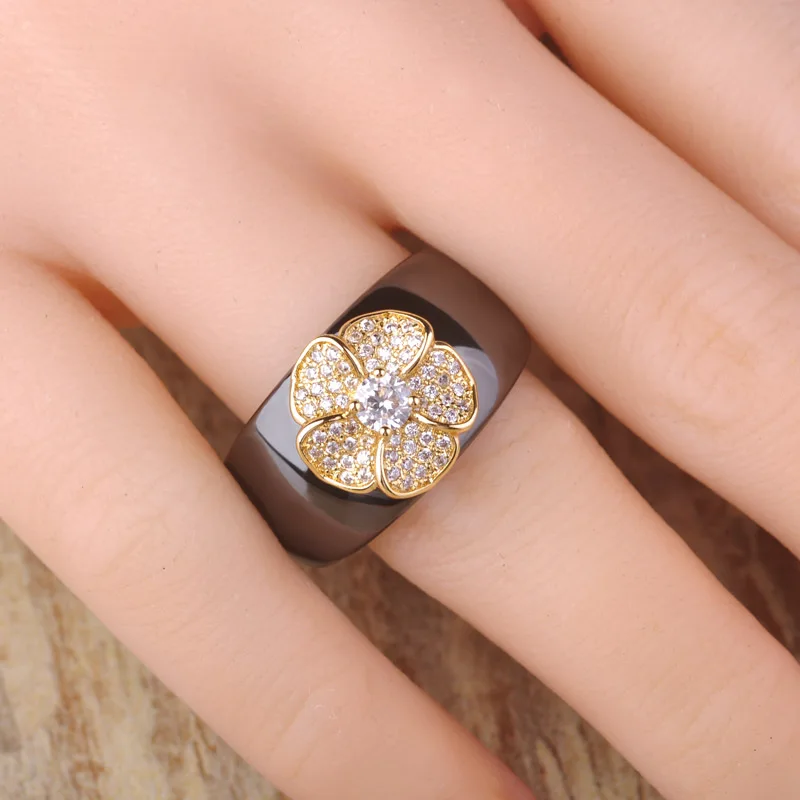 Горячие Черные Керамические Серьги и Кольцо Установить 18 К Позолоченные Медные CZ