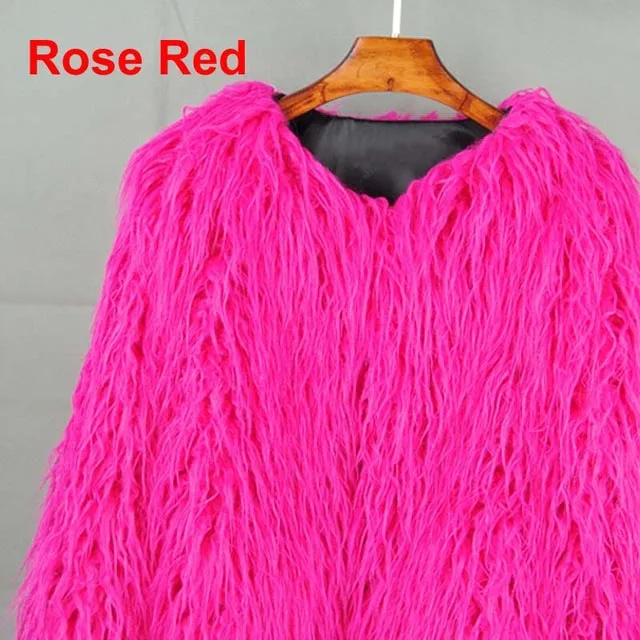 rose red fur coat Зимнее женское пушистое пальто из овечьей шерсти в монгольском стиле, белая длинная шуба из искусственного меха, Женская утолщенная теплая меховая верхняя одежда - Цвет: rose red fur coat