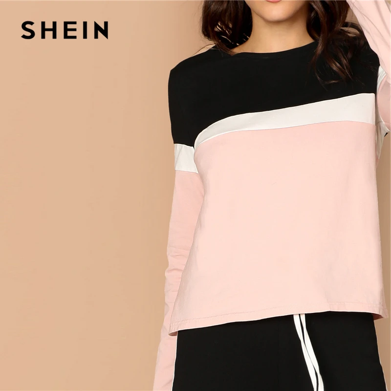 SHEIN Контрастный Топ И Брюки Комплект Женский Весенний Многоцветный Спортивный Топ С Длинными Рукавами И Брюки Комплект