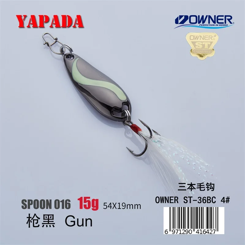 Gun 15g Feather YAPADA ложка 016 TaiChi светящаяся 10 г/15 г владелец тройной крючок 49-54 мм многоцветный металлический цинковый сплав ложка рыболовные приманки - Цвет: Gun 15g Feather