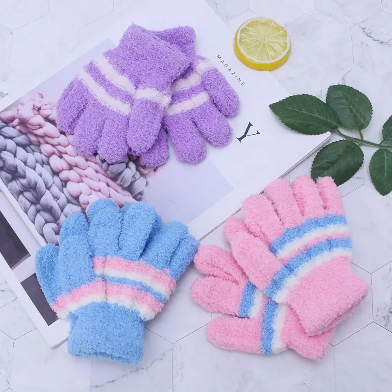 Baby Gloves Warm Winter Full Finger Thermal Coral Fleece Kids Colorful Stripe Soft Elastic Solid Color Mittens | Детская одежда и