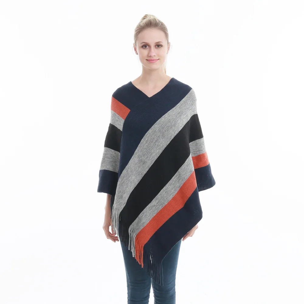 Модный женский полосатый свитер с кисточками|Пончо| |