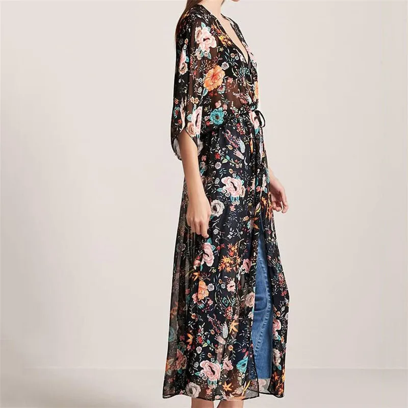 Летняя шифоновая блузка рубашка длинное кимоно 2019 бохо стиль с цветочным принтом