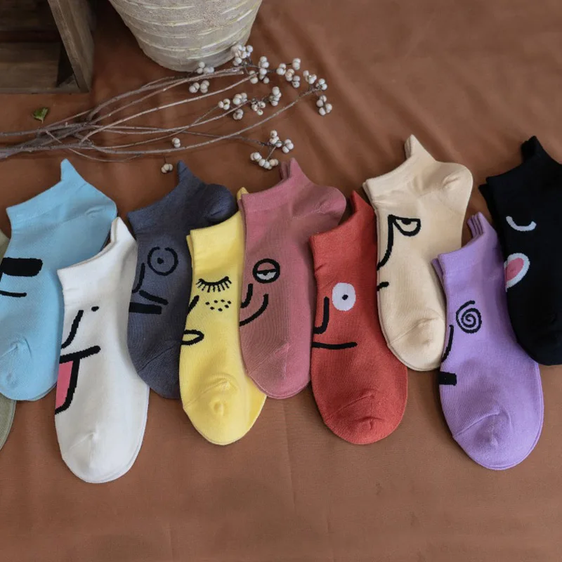 Harajuku Design Kawaii Funny Expression Women Socks Summer New Happy Fashion Ankle Cotton Cartoon Embroidered Girl | Женская одежда
