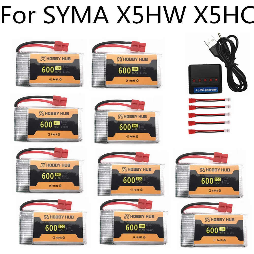 10 шт. литий-полимерный аккумулятор 3 7 В 600 мА/ч 30C для квадрокоптера SYMA X5HW X5HC X5UC X5UW