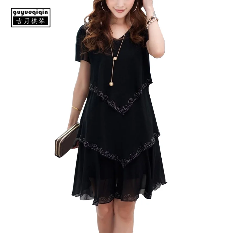 Women Summer Chiffon Dress 2018 Cascading Ruffle Large Size Korean Slim Short Sleeve V-neck Plus 5XL Blue Black Dresses | Женские платья