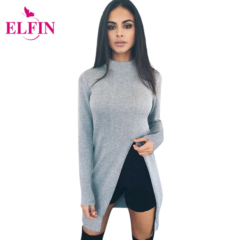 

Женский свитер с высоким разрезом на подоле, повседневный однотонный вязаный пуловер с длинными рукавами, модель LJ5765R