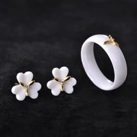elegant flower ceramic stud earrings rings jewelry sets for women girls aaa zircon copper boucle doreille bague porcelain joyas