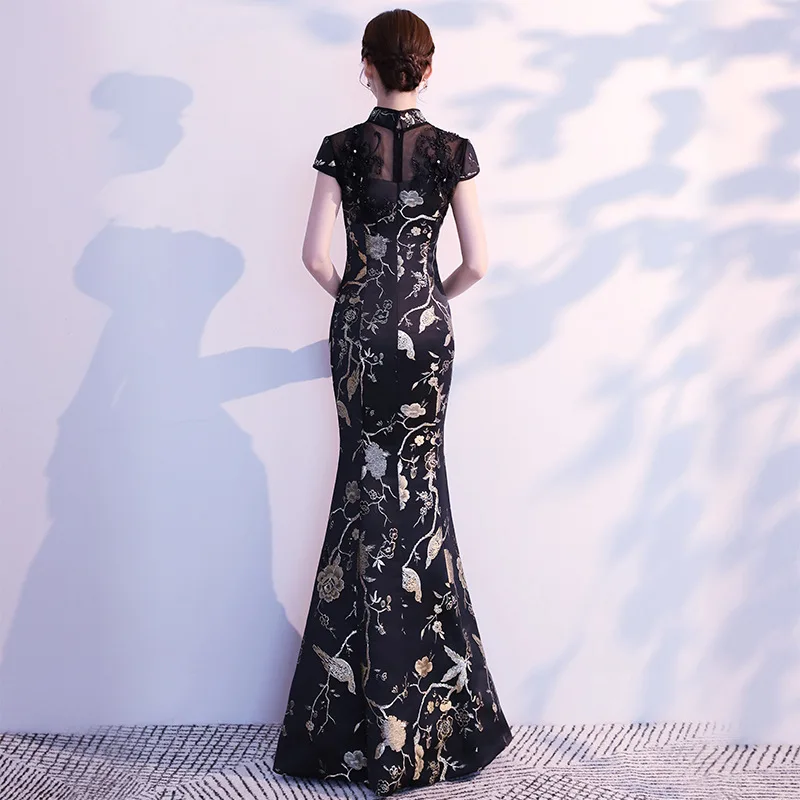 Традиционная китайская вышивка элегантные черные женские Qipao Русалка Длинные винтажные Cheongsam Сексуальные узкие вечерние платья для выпускного вечера Большие размеры 3XL