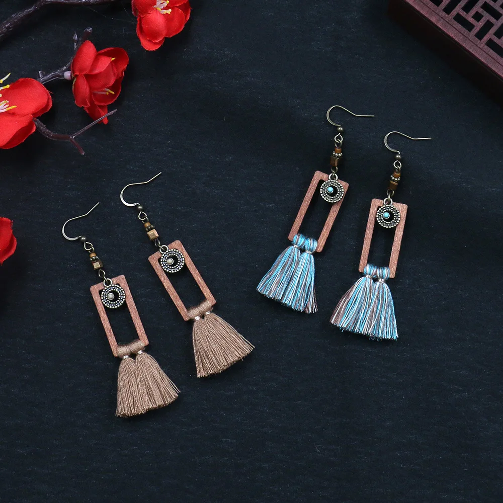 Корейские квадратные серьги из дерева 2019 женские Boho зеленые висячие с кисточками