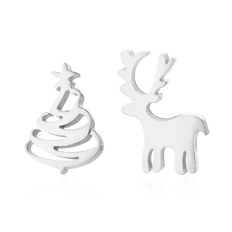 Silver Earrings Черные Рождественские елочные украшения из нержавеющей стали, серьги с оленями для женщин, милые серьги-гвоздики с животными, серьги с оленями - Окраска металла: Silver Earrings