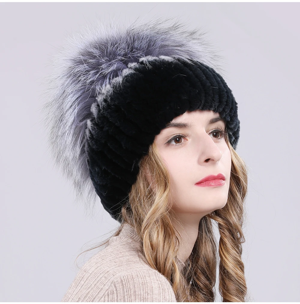 Outdoor Women Warm Soft Genuine Rex Rabbit Fur Hat Knitted Natural Real Sliver Fox Fur Caps Winter Real Rabbit Fur Beanies Hats