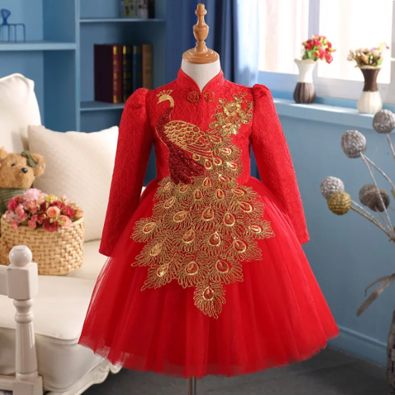New Year's costumes for girls 2017 Baby Girl Princess Party Dress Peacock pattern Full Sleeve christmas Kids children's clothing |
