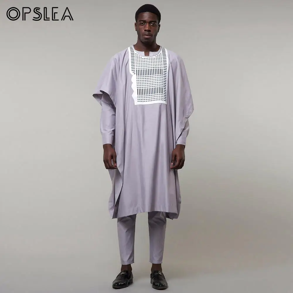 Opslea Agbada Африканский для мужчин размера плюс Вышивка Топы Брюки Наряд Базен Riche 3 шт. костюмы Дашики Африка традиционная серая одежда